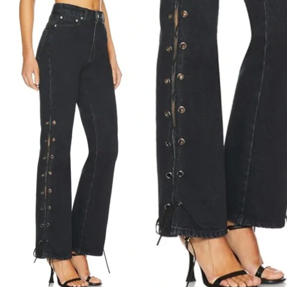 Superdown Jayda Lace Up Jeans in Washed Black Size 24 High Rise Flare - Picture 1 of 5